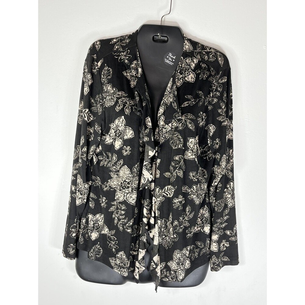Chico's Blouse Womens 2 L Black Floral Ruffle V Neck Long Sleeve Travelers Tunic